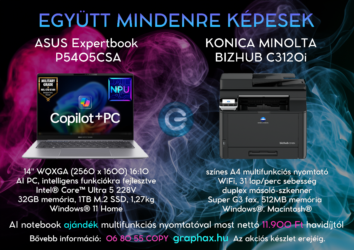 ASUS Expretbook P5 Copilot+PC ajándék Konica Minolta Bizhub c3120i színes multifunkciós nyomtatóval